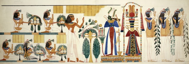 A wall painting on an Egyptian tomb, showing women in their luxurious garbs.