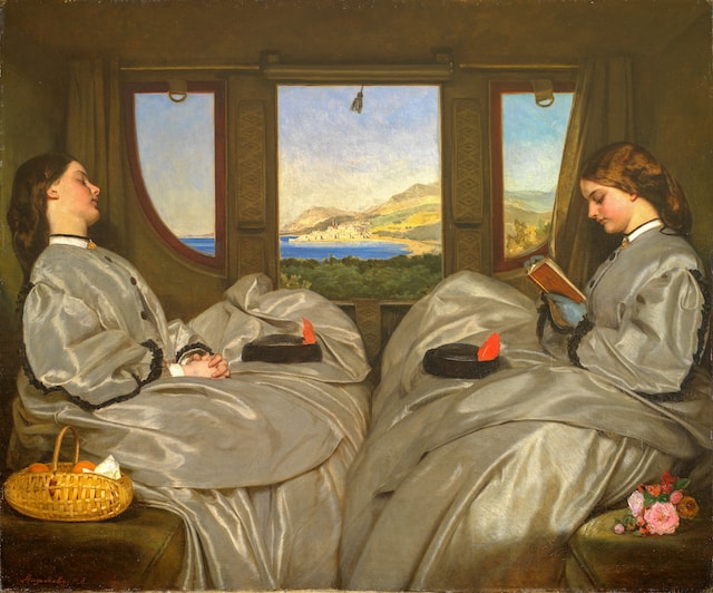 A portrait of two women in Victorian-style clothing traveling in a carriage.
