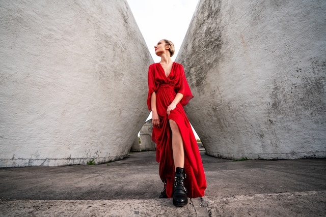 Woman in a red, flowy dress