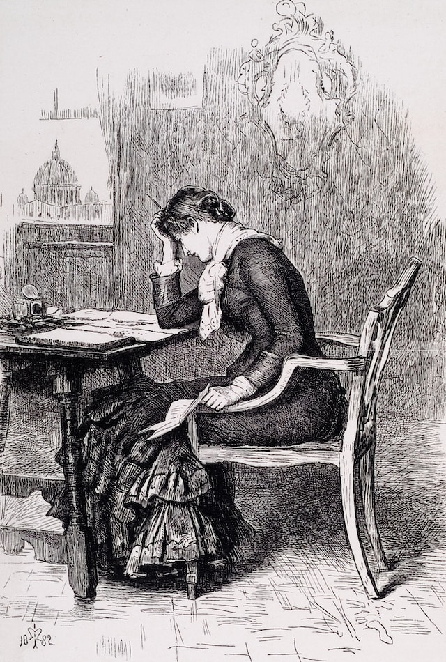 Illustration of a Victorian era woman writing on a desk