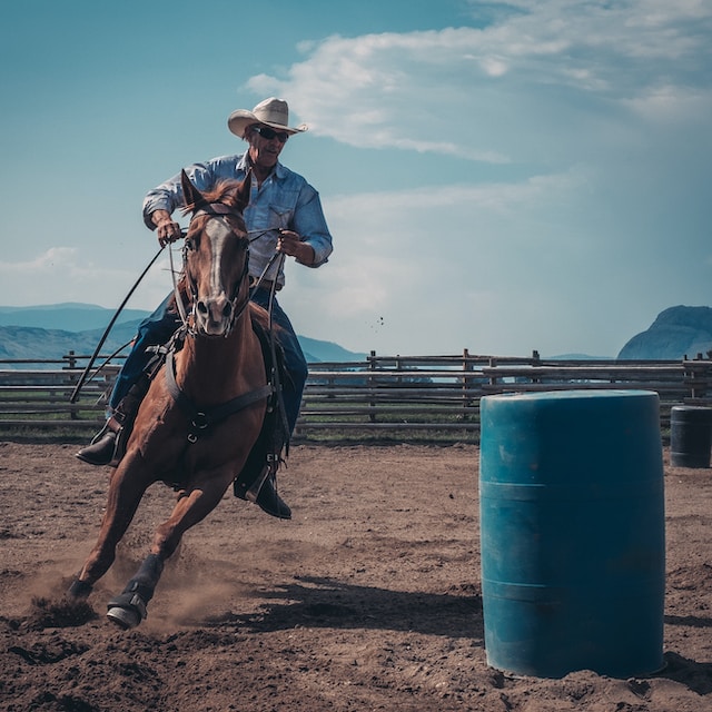 Cowboy in denim garb riding a horse on a ranch